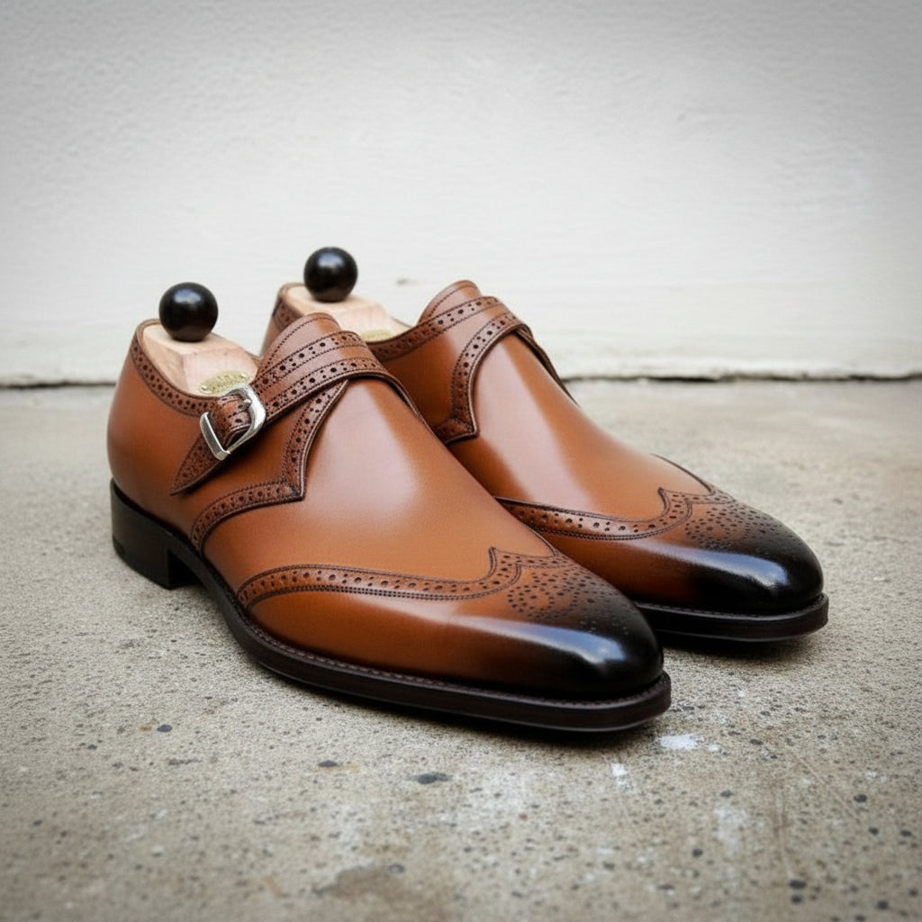 Handmade Men's Brown Monk Dress Shoes with Buckle Closure