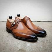 Handmade Men's Brown Monk Dress Shoes with Buckle Closure