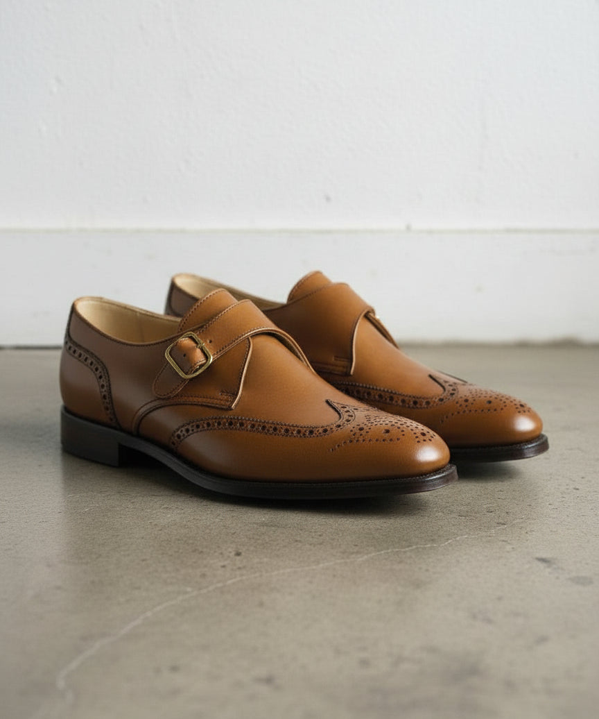 Handmade Men's Tan Brown Leather Wing Tip  Monk Dress Shoes