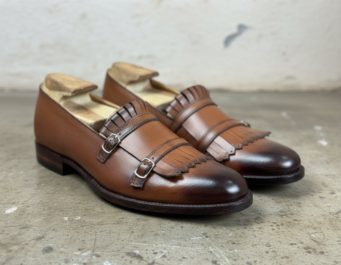 Men's Brown Leather Monk Strap Fringe Shoes