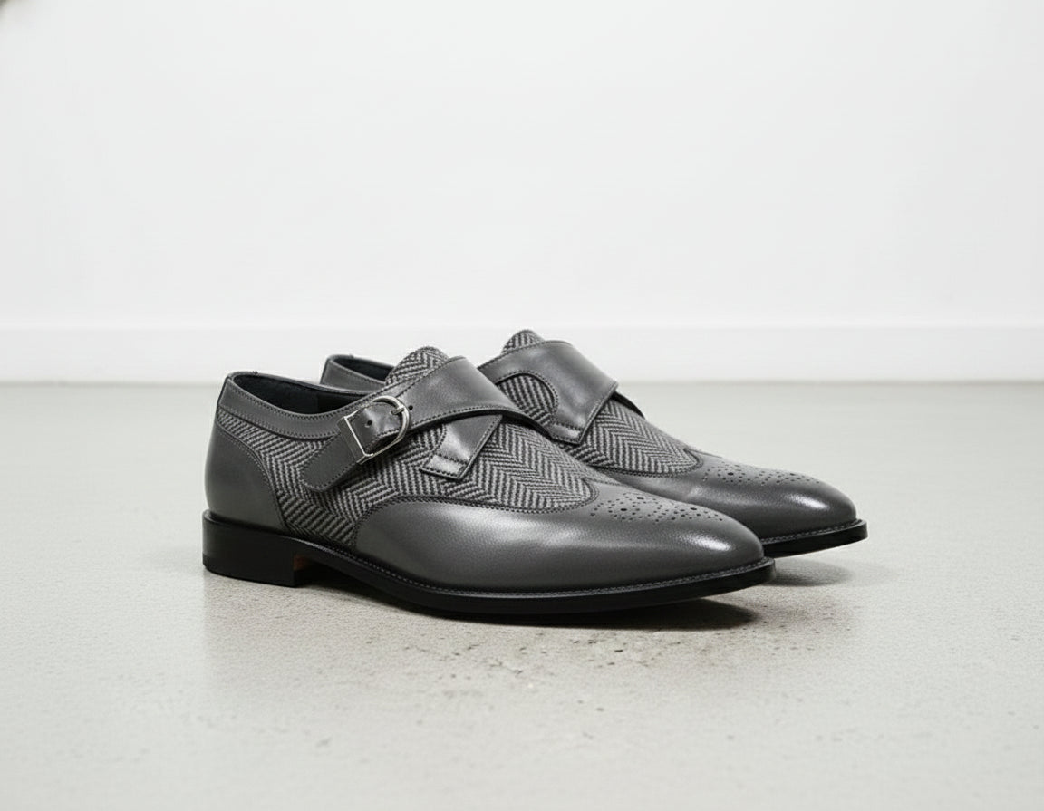 Handmade Men's Gray wingtip monk shoes, Leather dress shoes for men