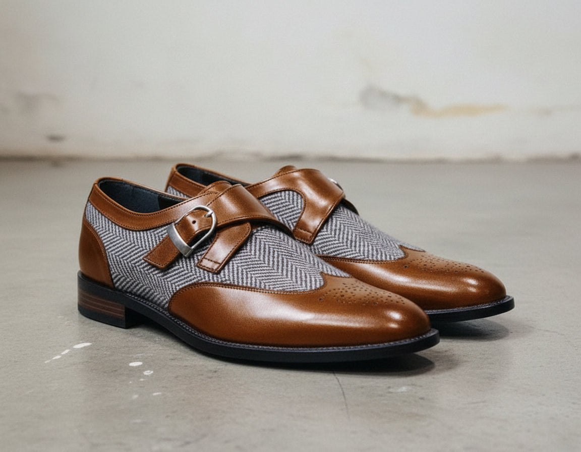 Men's Two-Tone Leather Wing Tip Monk Dress Shoes