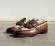Handmade Mens Two Tone Fringe Shoes,  Real Calf Leather Dress Shoes