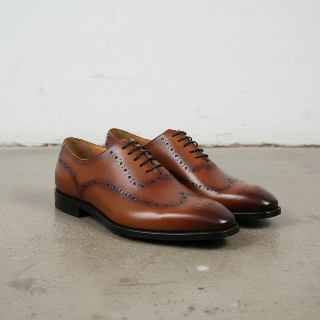 Handmade Men's Tan Leather Brogue Dress Shoes - Men's Classic Formal Shoes