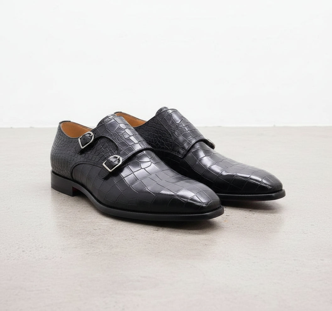 Handcrafted Men's Black Alligator Monk Shoes