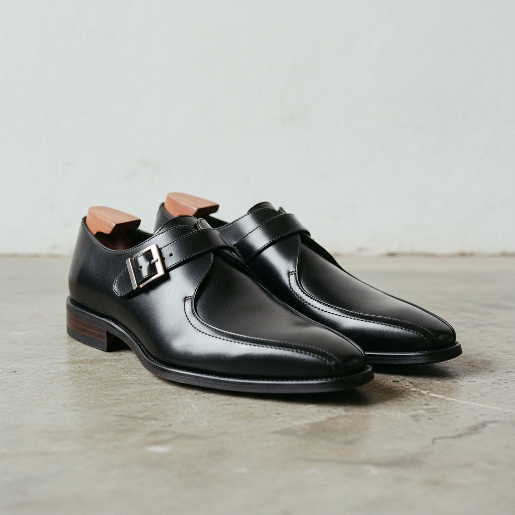 Handmade Men's Black Leather Monk Strap Dress Shoes