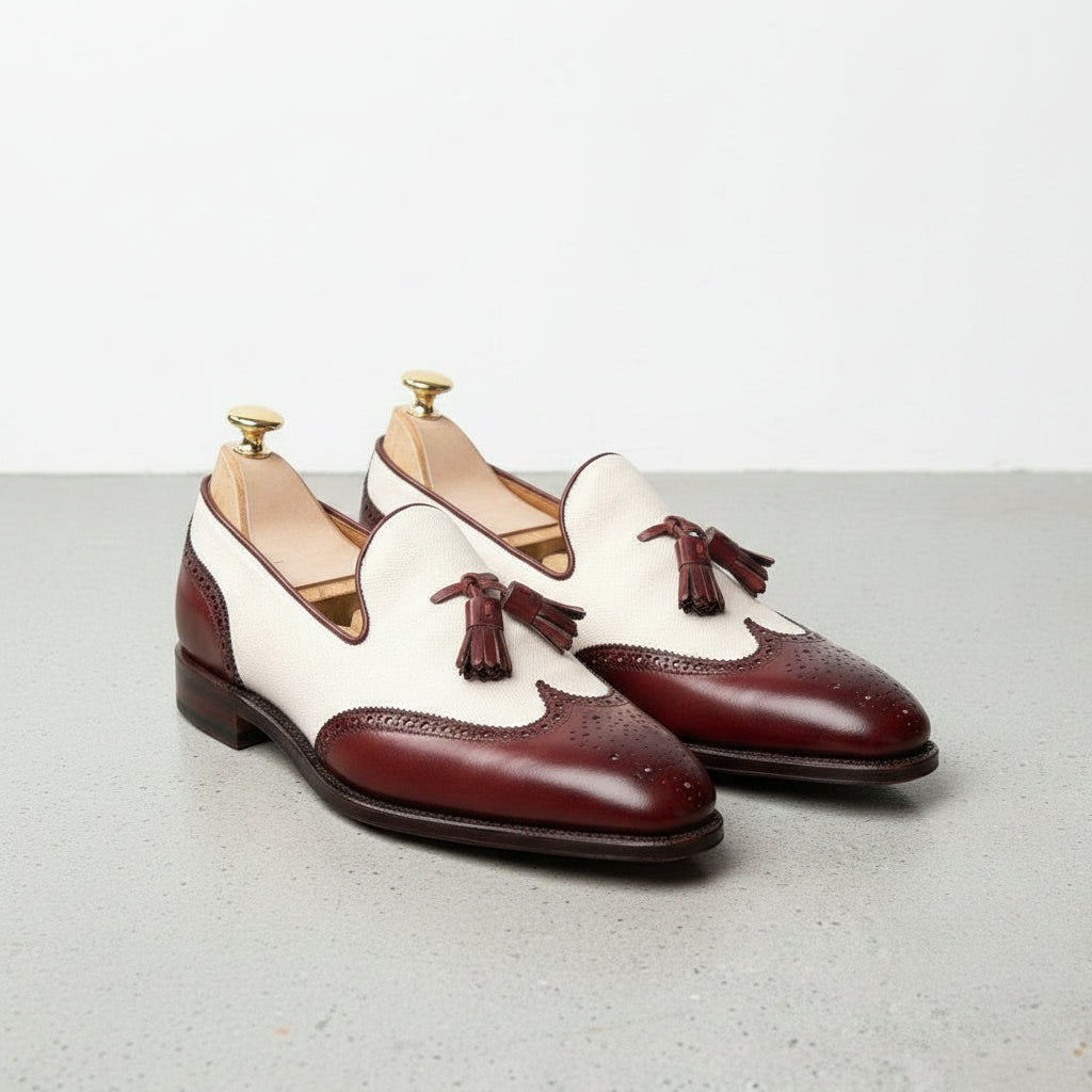 Men Fashion Wingtip Two Tone Leather Shoes Beige and Burgundy Shoes