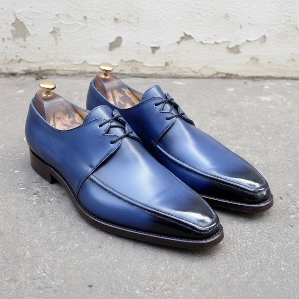 Handmade Men's Blue Derby Lace Up Dress Shoes - Real Office Leather Shoes