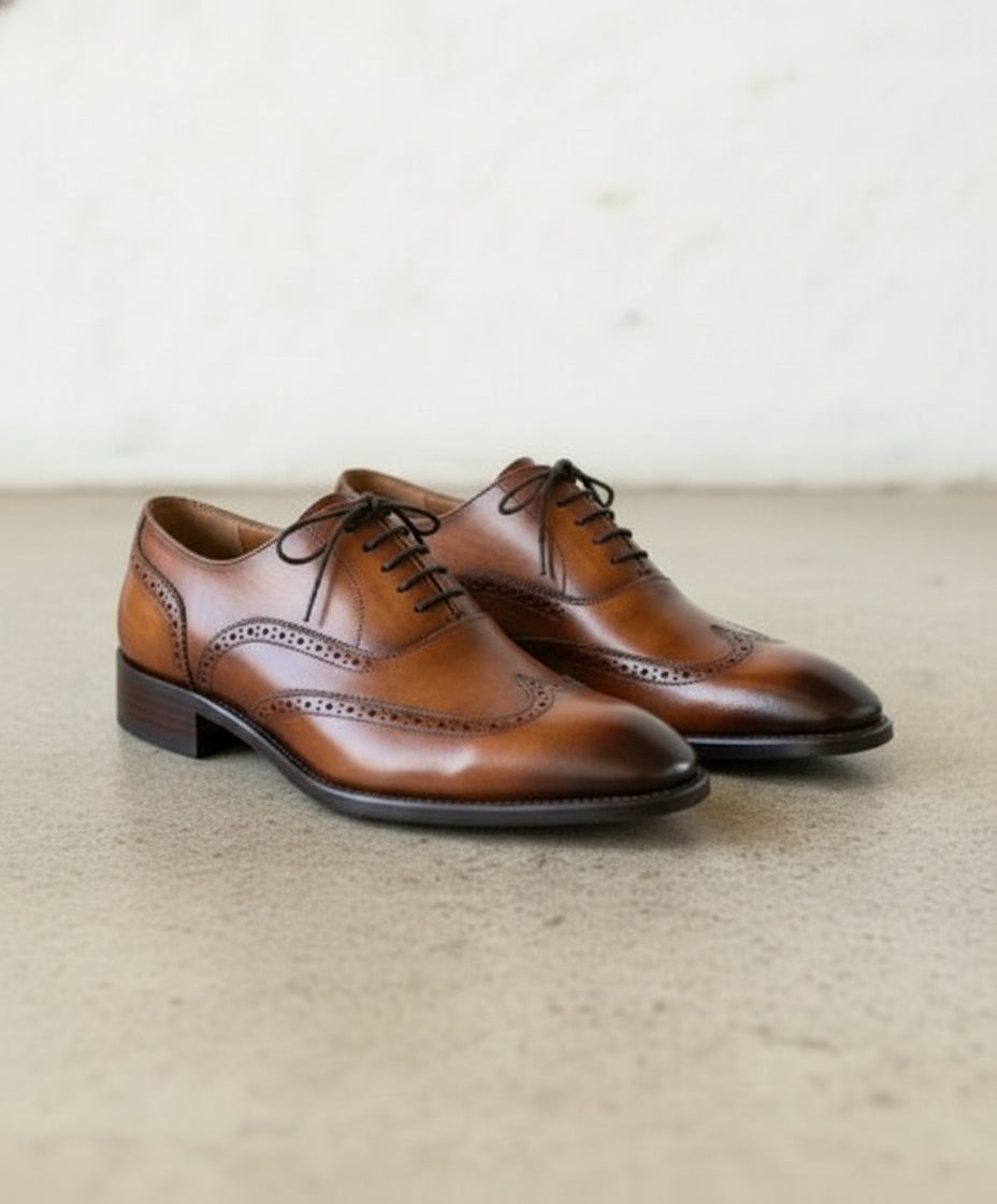 Men's Tan Brown Wingtip Leather Dress Shoes