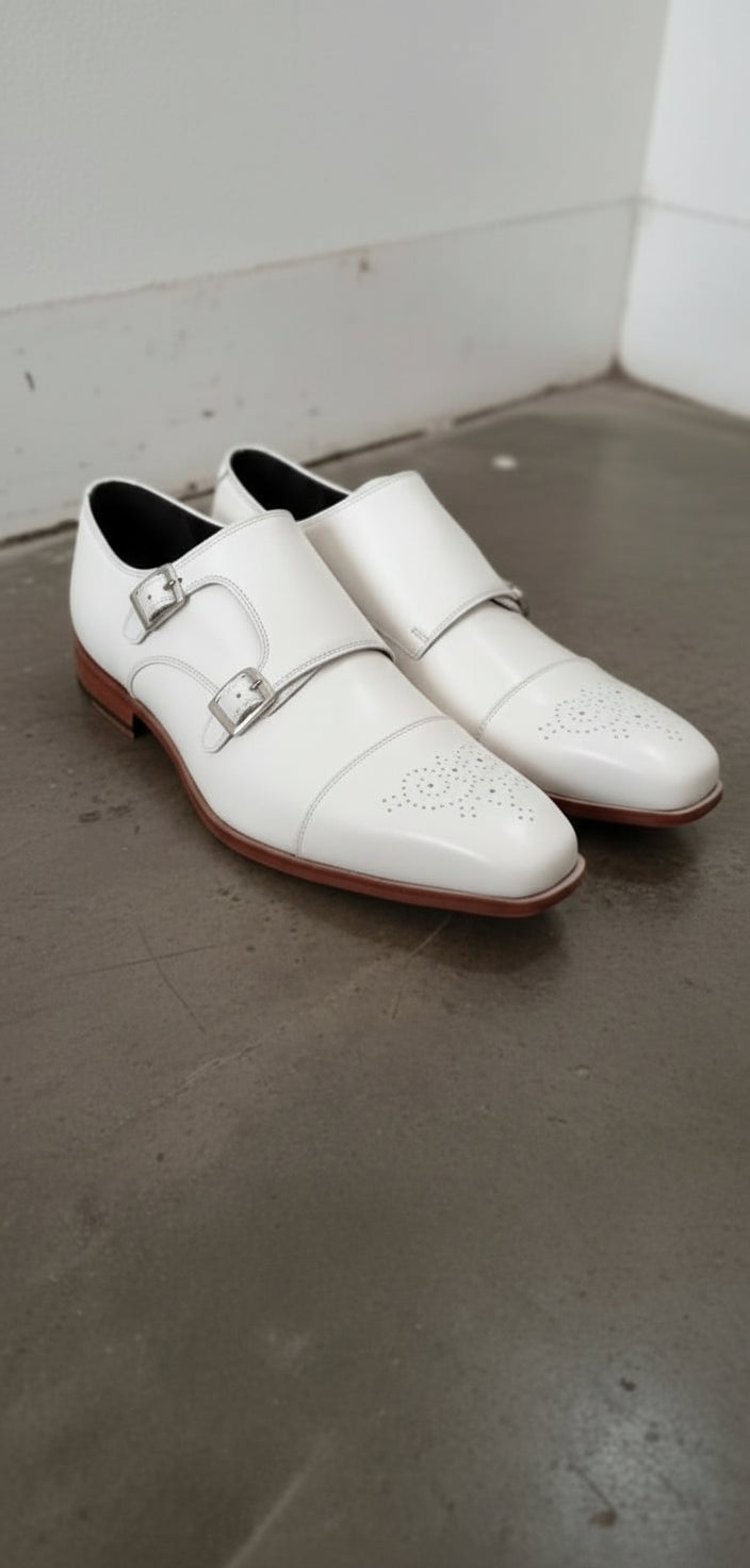 Men's Double Monk White Leather Dress Shoes