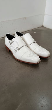 Men's Double Monk White Leather Dress Shoes