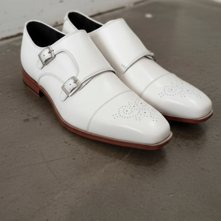 Men's Double Monk White Leather Dress Shoes