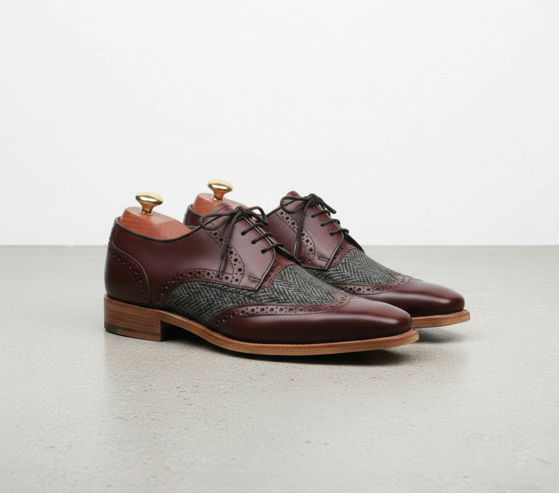 Handmade Men's Two Tone Wing Tip Dress Shoes, Good Year Welted Sole Shoes