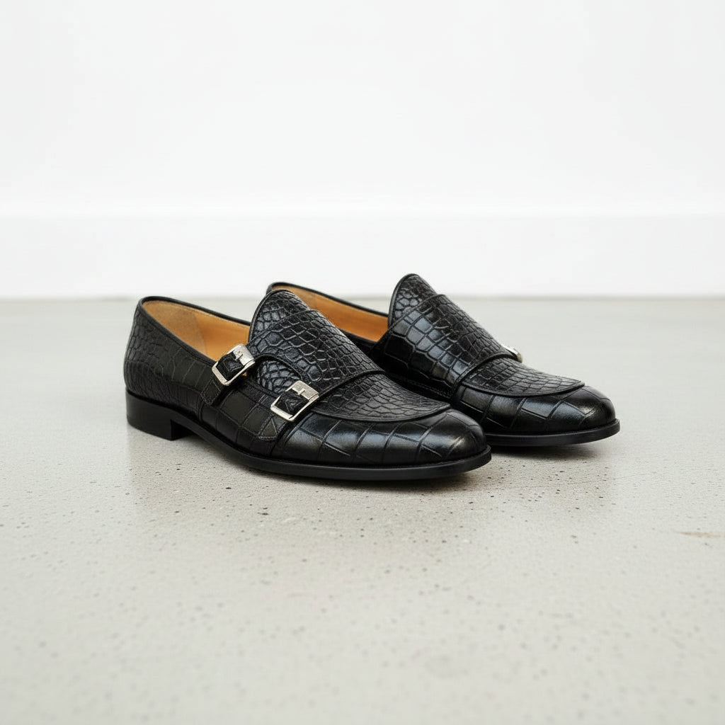 Handcrafted Men's Black Leather Double Monk Shoes with Crocodile Texture