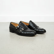 Handcrafted Men's Black Leather Double Monk Shoes with Crocodile Texture