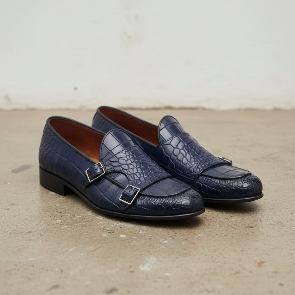 Handmade Men's Blue Crocodile Monk Shoes