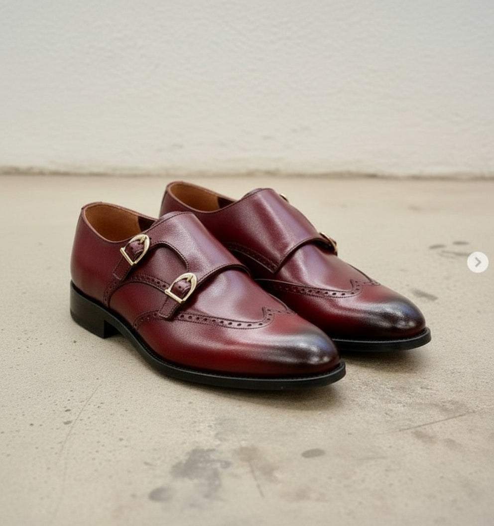 Men's Burgundy Leather Formal Double Monk Shoes