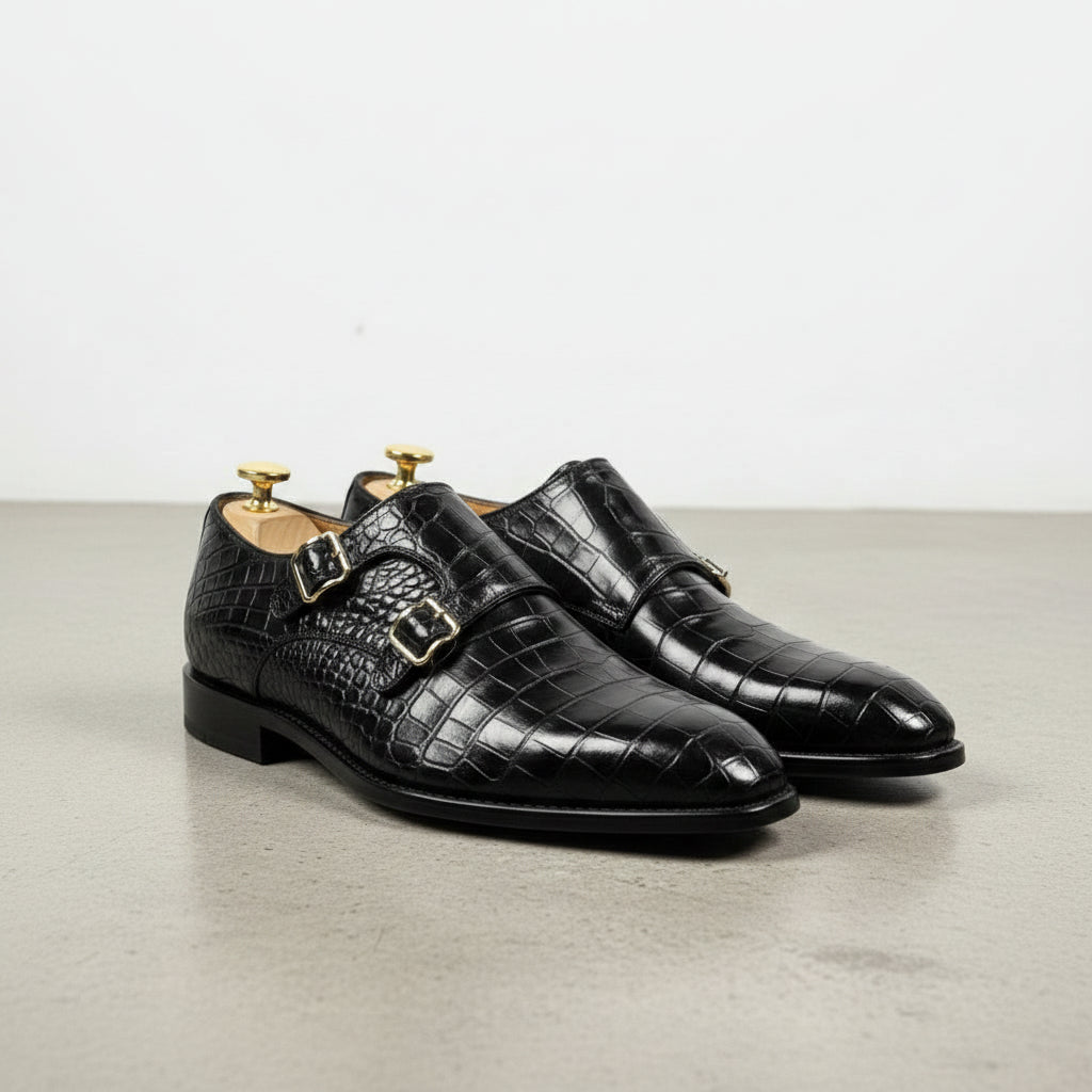 Men's Black Crocodile-Embossed Leather Double Monk Strap Shoes — Sandys — Sandys