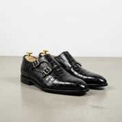 Men's Black Crocodile-Embossed Leather Double Monk Strap Shoes — Sandys — Sandys
