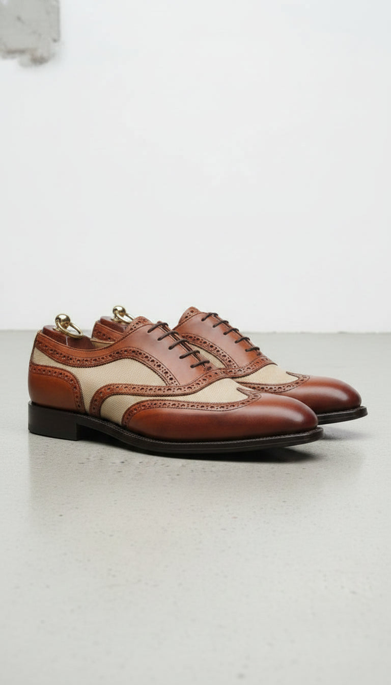 Handmade Men Formal Two Tone Wing Tip Shoes Brown and Beige Dress Shoes