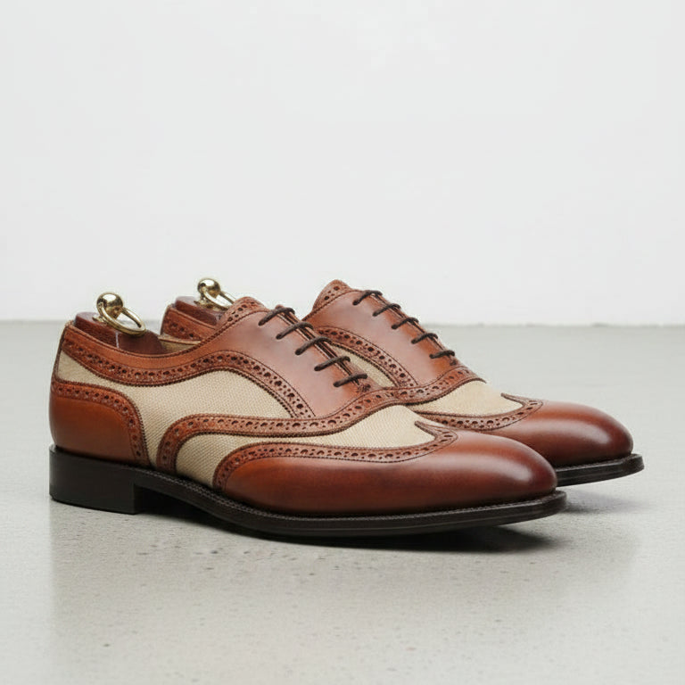 Handmade Men Formal Two Tone Wing Tip Shoes Brown and Beige Dress Shoes