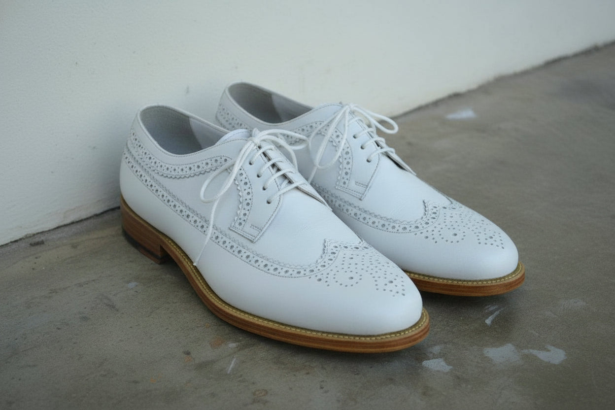 Handmade Men's Wingtip Brogue White Dress Shoes