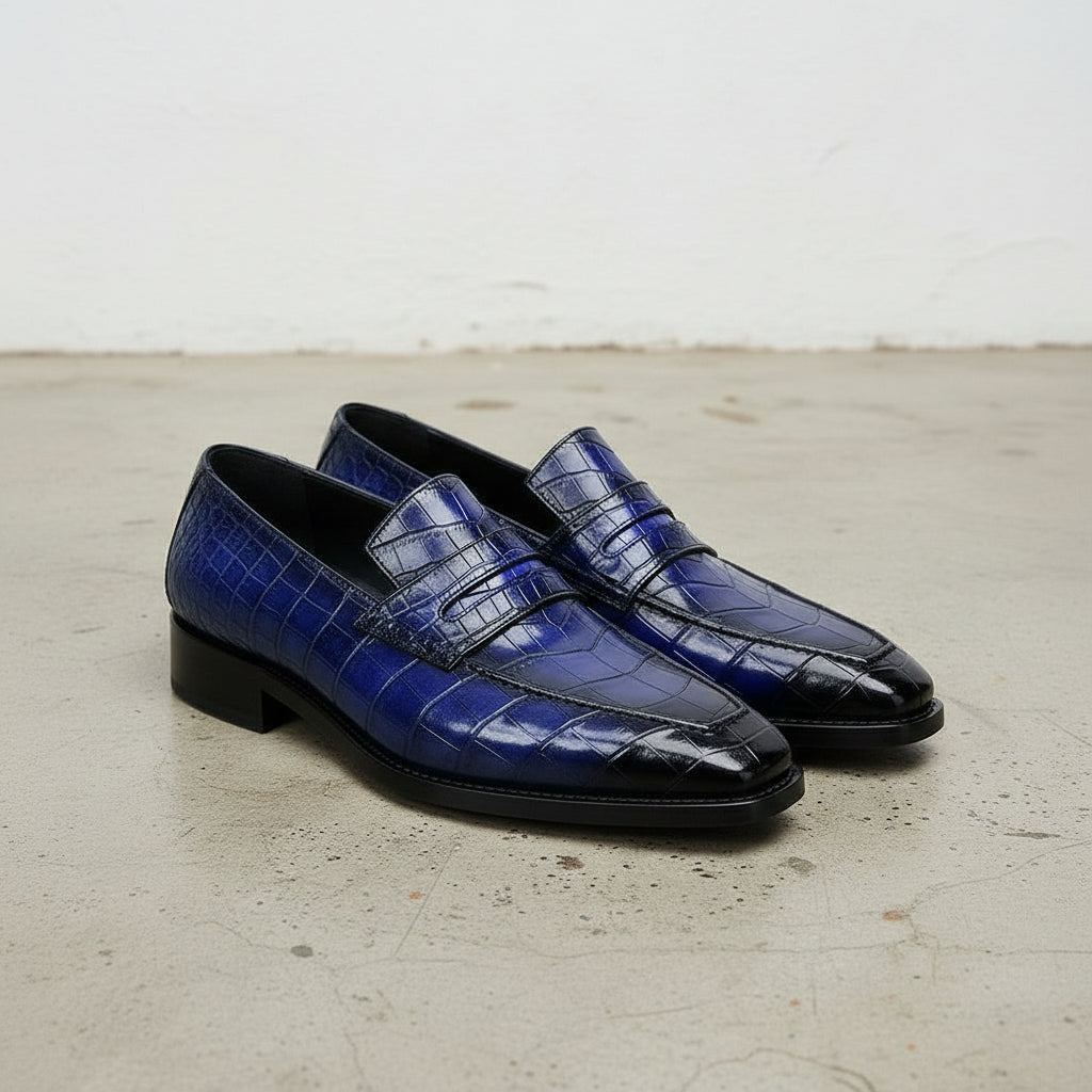 Handcrafted Men's Blue Croc-Embossed Leather Dress Loafers