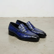 Handcrafted Men's Blue Croc-Embossed Leather Dress Loafers