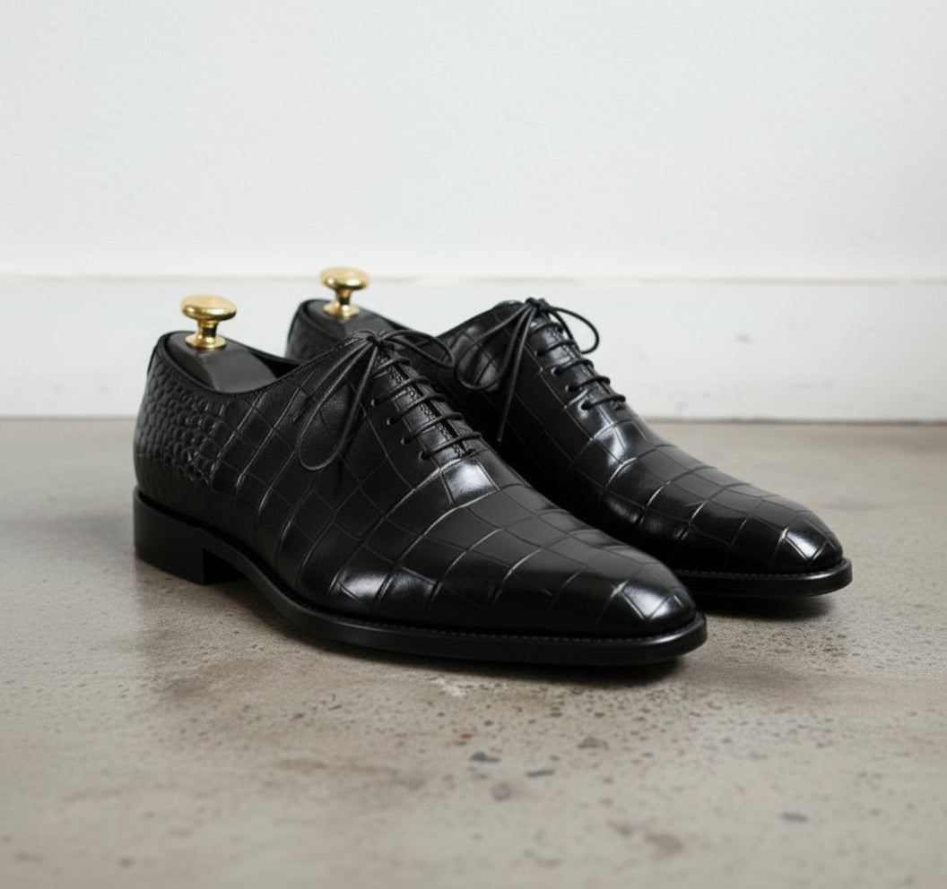 Handcrafted Men's Black Alligator Oxford Shoes