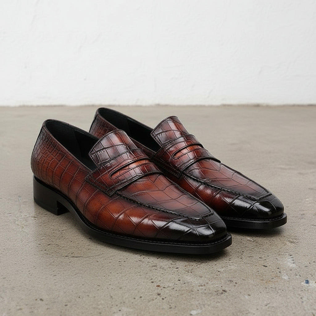 Handcrafted Burgundy Alligator Pattern Leather Moccasins