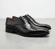 Handcrafted Men's Black Leather Crocodile Oxford Shoes
