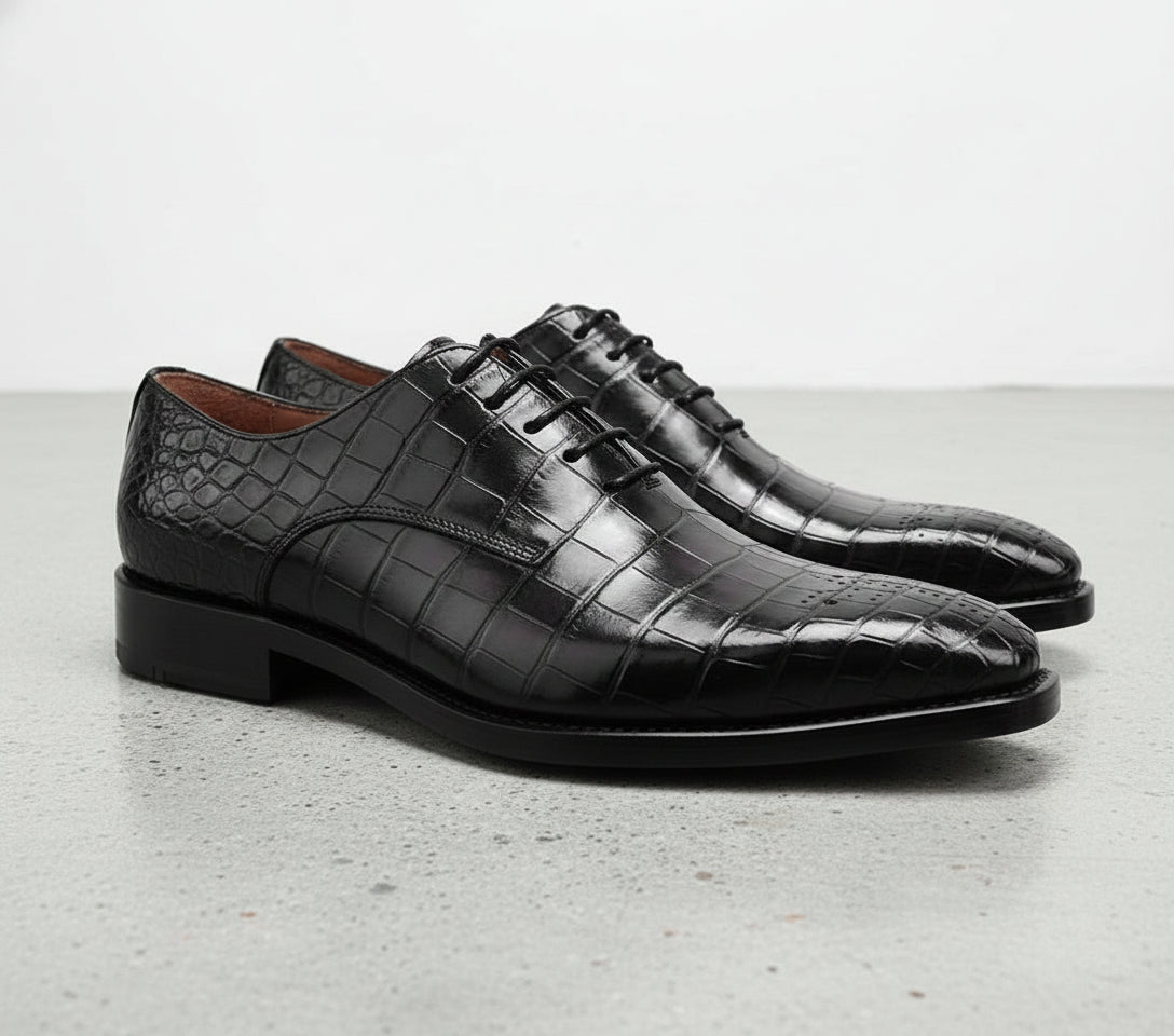 Handcrafted Men's Black Leather Crocodile Oxford Shoes