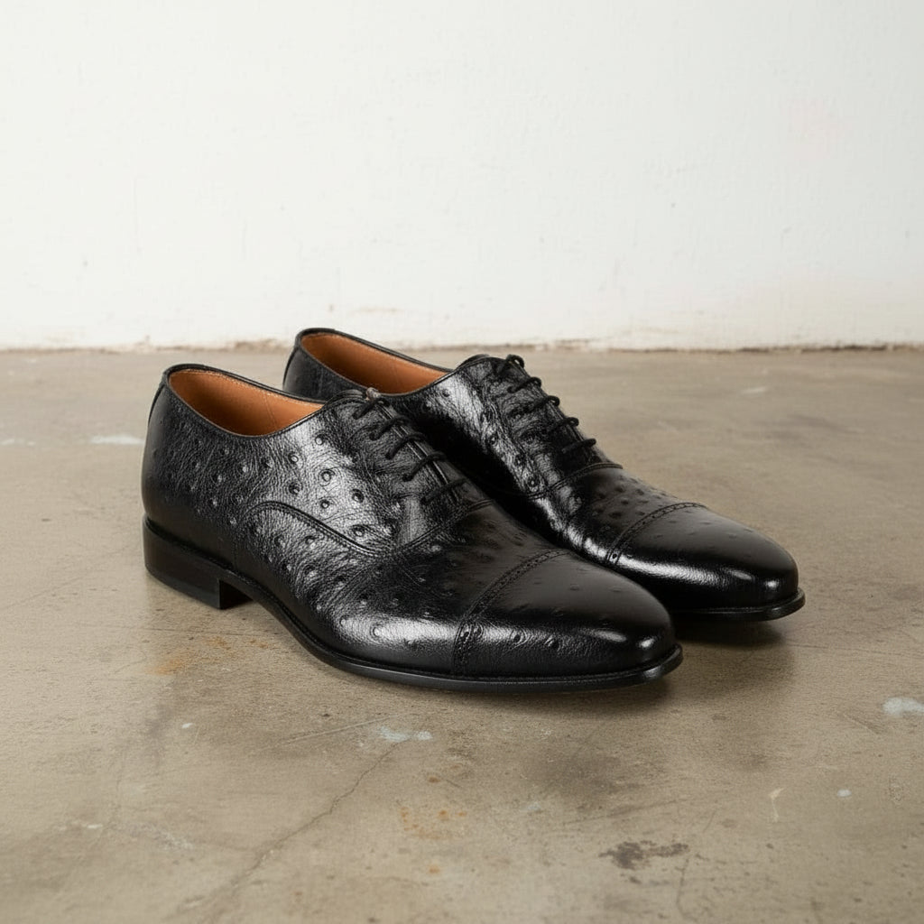 Handcrafted Men's Black Ostrich Leather Oxford Shoes
