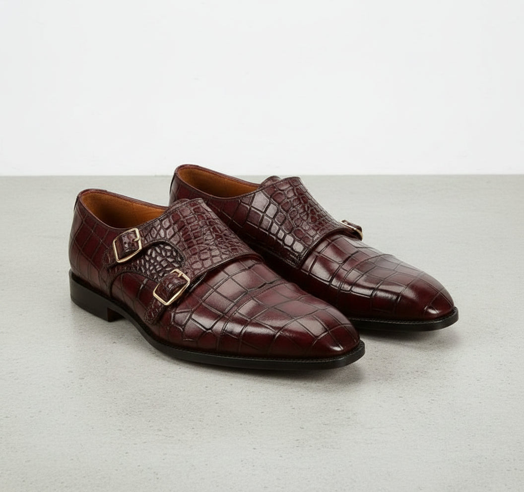 Handcrafted Men's Burgundy Crocodile Leather Double Monk Shoes