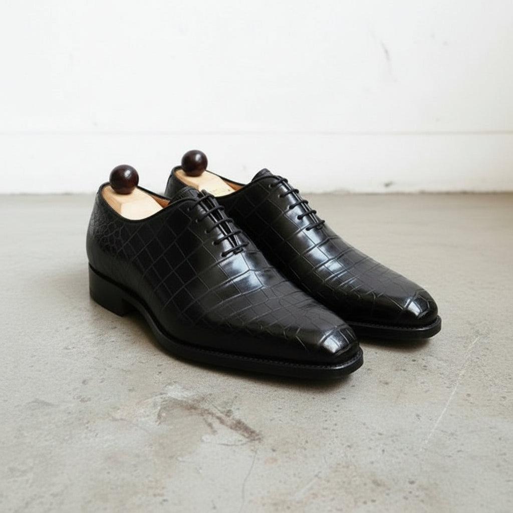 Men's Black Croc-Embossed Leather Oxford Dress Shoes