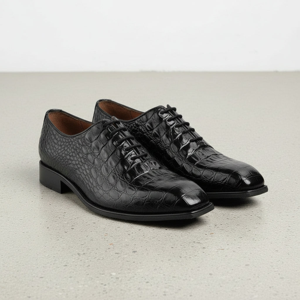 Handcrafted Men’s Black Croc-Embossed Leather Oxford Dress Shoes