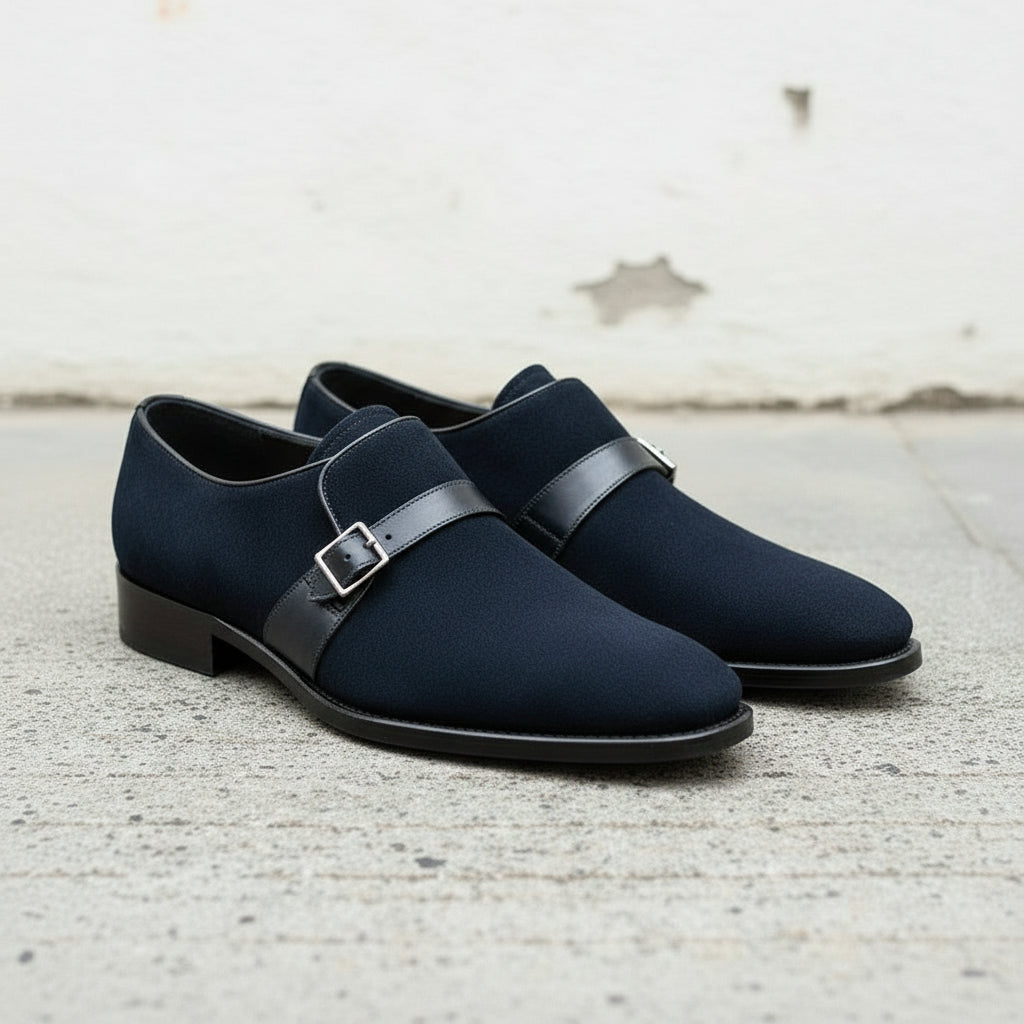 Handmade Men's Navy Blue Suede Monk Dress Shoes