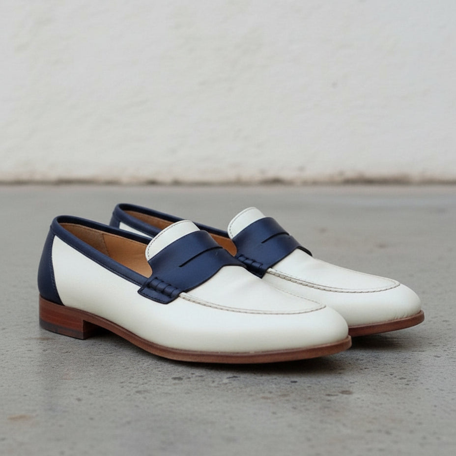 Handmade Men Two Tone Formal Shoes, Blue and White Dress Shoes