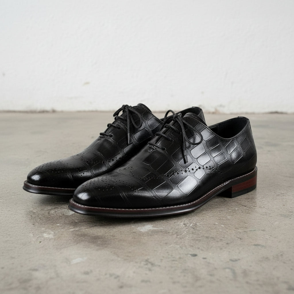 Handmade Men's Cow Leather Crocodile-pattern Oxfords