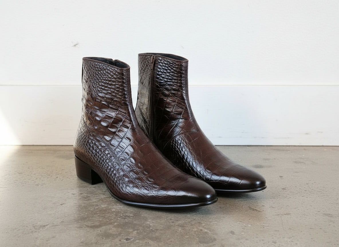 Handmade Men's Brown Classic Alligators  Side Zipper Boots