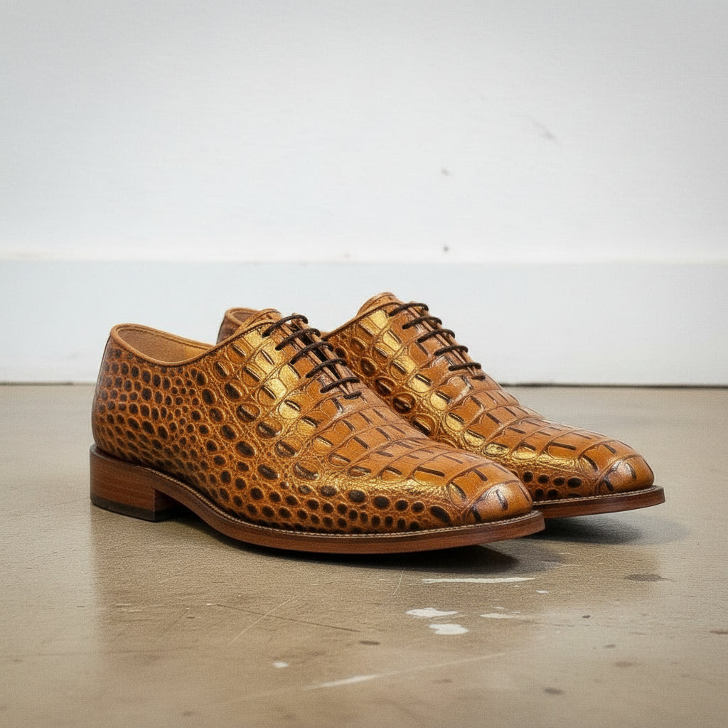 Handmade Men's Tan Brown  Crocodile Leather Oxford Dress Shoes