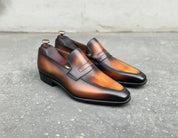 Handmade Men's Tan and Black Almond Toe Moccasin Dress Shoes