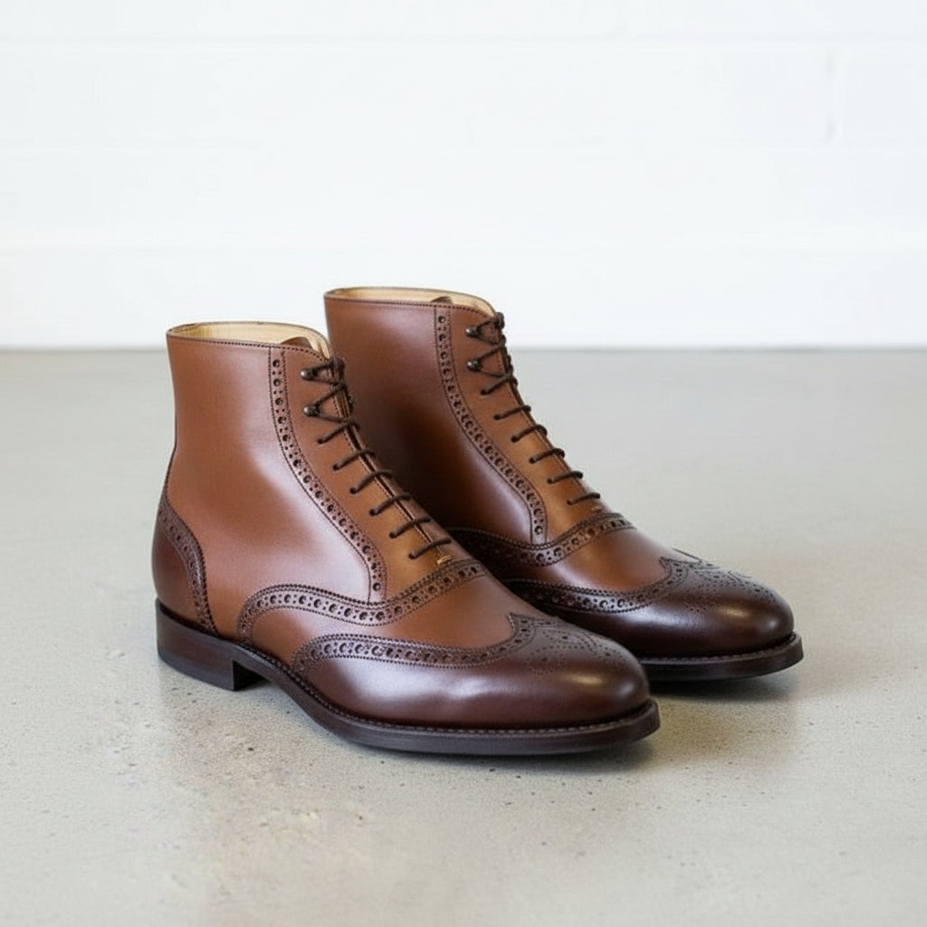 Handcrafted Men's Brown  Wingtip Leather Ankle Boots, Hand Burnish Brogue Boots