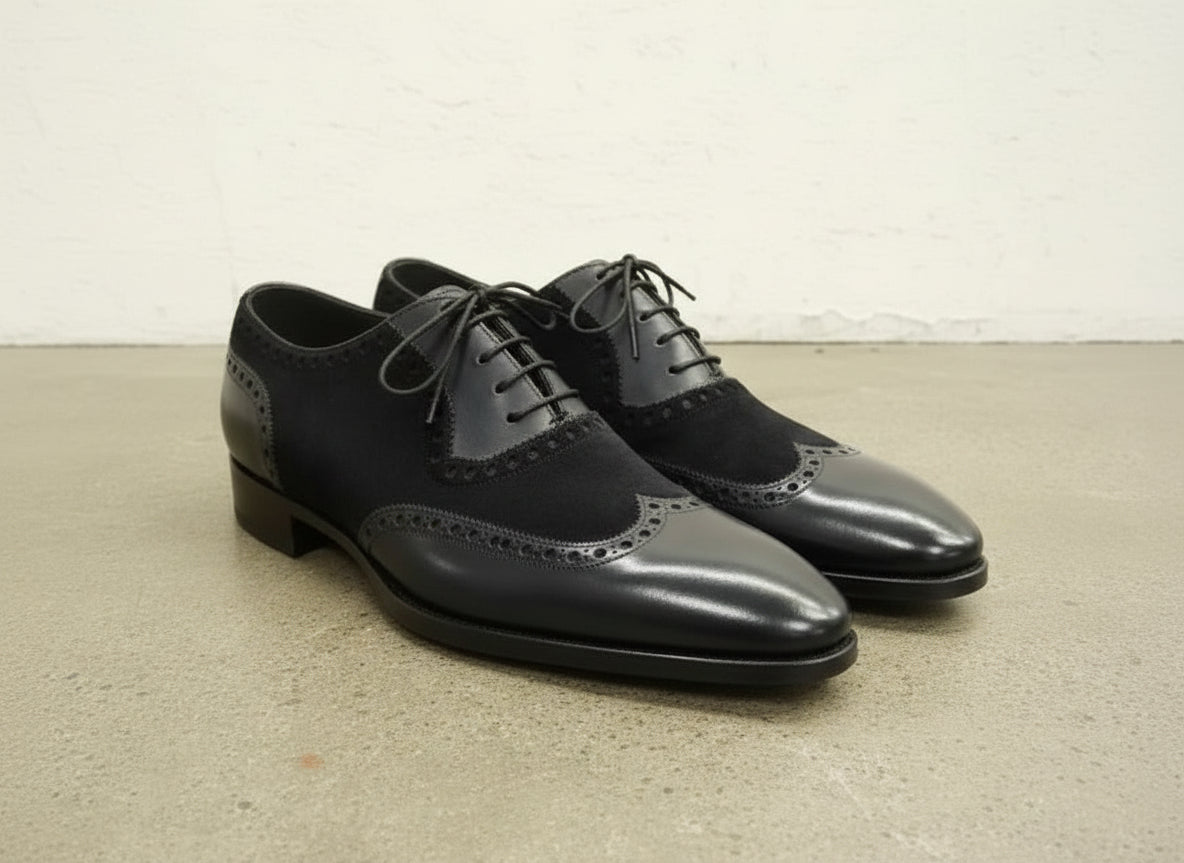 Handmade Black Suede & Leather Wingtip Shoes