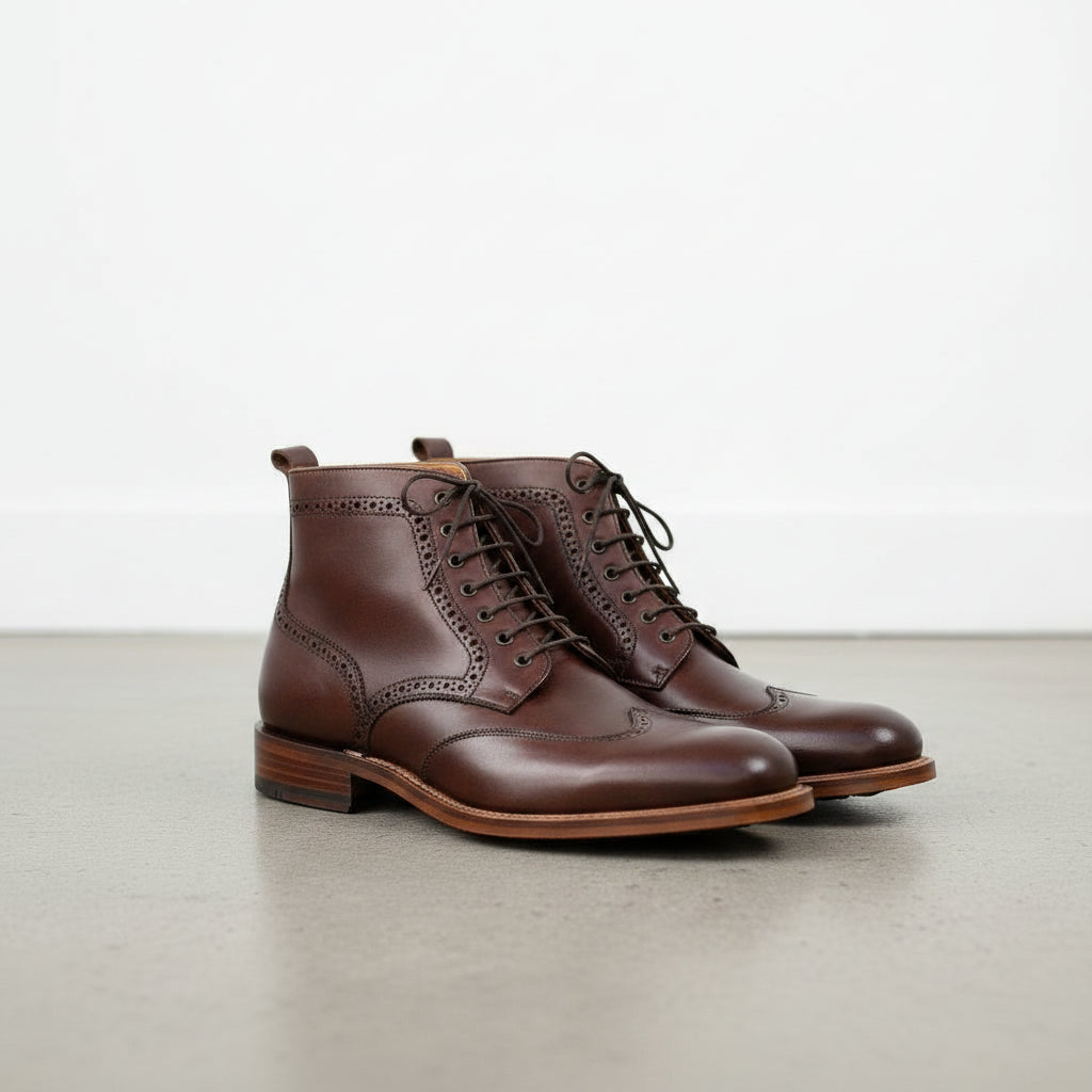 Handmade Men's Coffee Brown Wing Tip Brogue Ankle Boots - Men's Leather Boots