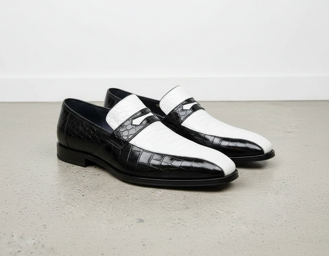Handmade Men's Two Tone Croc-Embossed Spectator Shoes