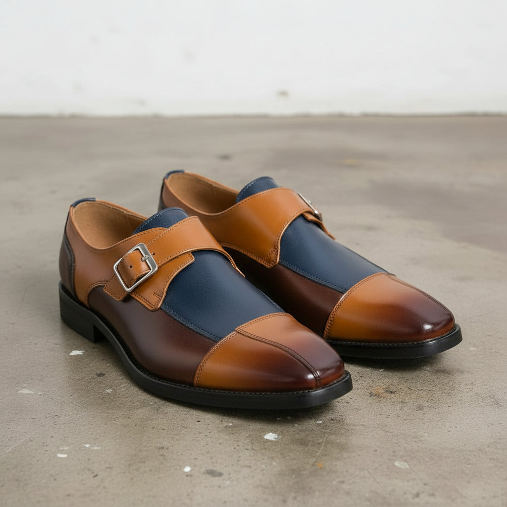 Handmade Mens Leather Monk Formal Shoes, Multicolor Mens Buckle Dress Shoes