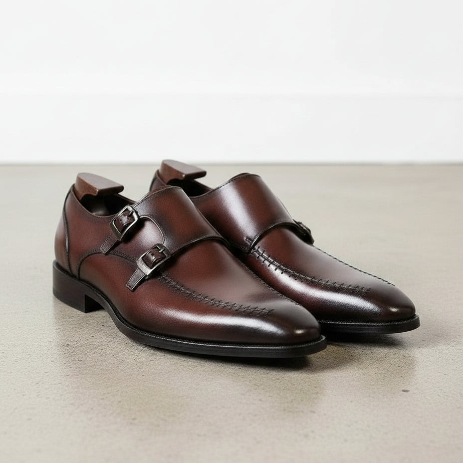 Handmade Men's Brown Leather Double Monk Dress Shoes
