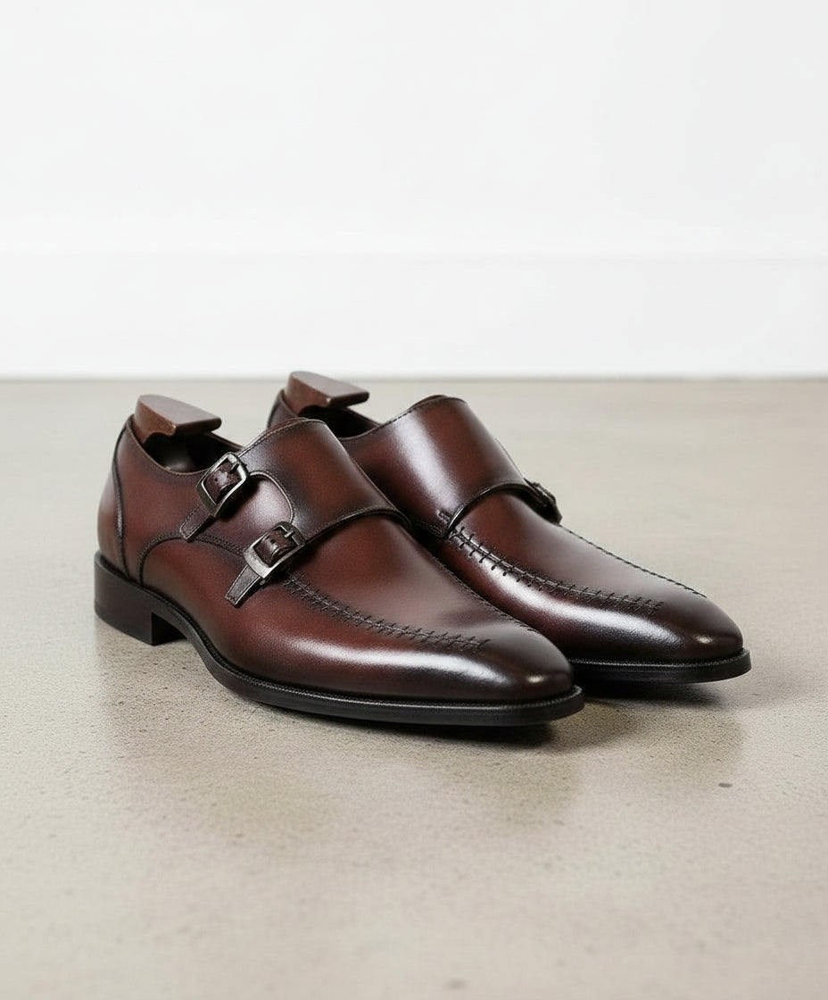 Handmade Men Brown Leather Dhouble Monk Shoes - Men's Brown Buckle Dress Shoes