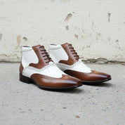 Handcrafted Men's Brown and White Wingtip Ankle Boots
